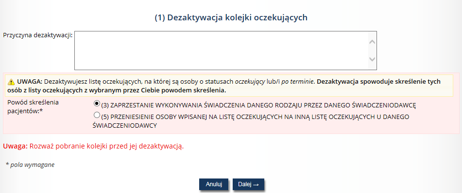 Opcja Pacjenci oczekujący ze zmienionym terminem wykonania świadczenia umożliwia zapoznanie się z pacjentami ze zmienionym terminem oraz wygenerowanie listy tych pacjentów przy pomocy opcji Generuj.