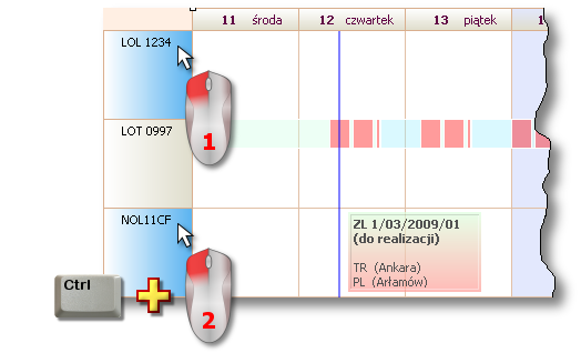 16 Moduł Grafik Rys.5. Zaznaczanie kilku pojazdów na kalendarzu. (poz.11 - rys.1) - umożliwia szybkie przełączenie filtru samochód <-> naczepa, (poz.12 - rys.