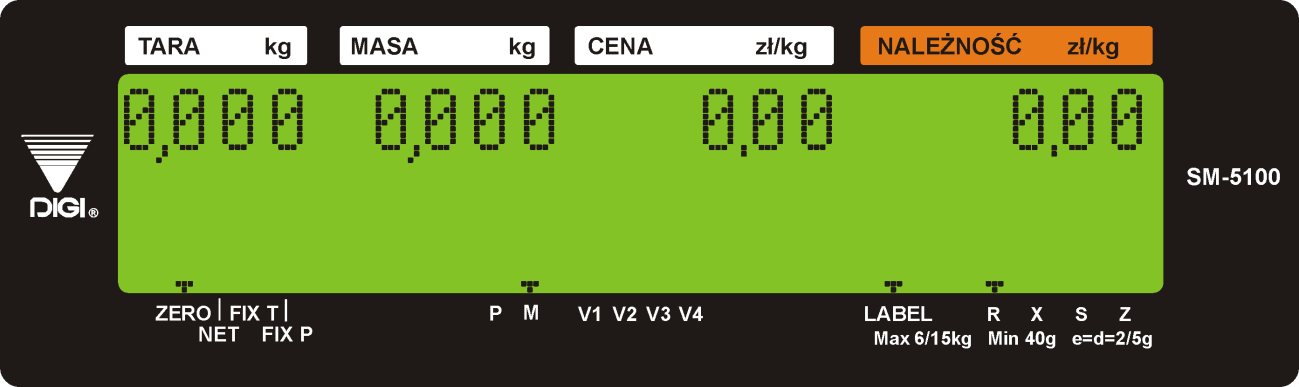 INSTRUKCJA OBSŁUGI 3.3. - opis Waga posiada wyświetlacz 32 x 202 Full Dot Matrix LCD z funkcją podświetlania. Tabela poniżej opisuje znaczenie wskaźników umieszczonych na wyświetlaczu.