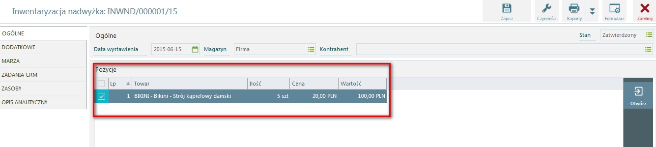 Na dokumencie INW stwierdzamy nadwyżkę towaru BIKINI w ilości 5 szt. Cena towaru BIKINI na dokumencie INWND wynosi 20 zł/szt. (jest to ostatnia cena zakupu).