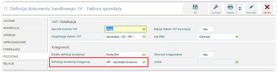 Puste pole parametru Definicja ewidencji Po dokonaniu tej operacji należy zaznaczyć w module Handel dokumenty, które chcemy usunąć z ewidencji i wykonać dla nich funkcję z menu Czynności Narzędziowe