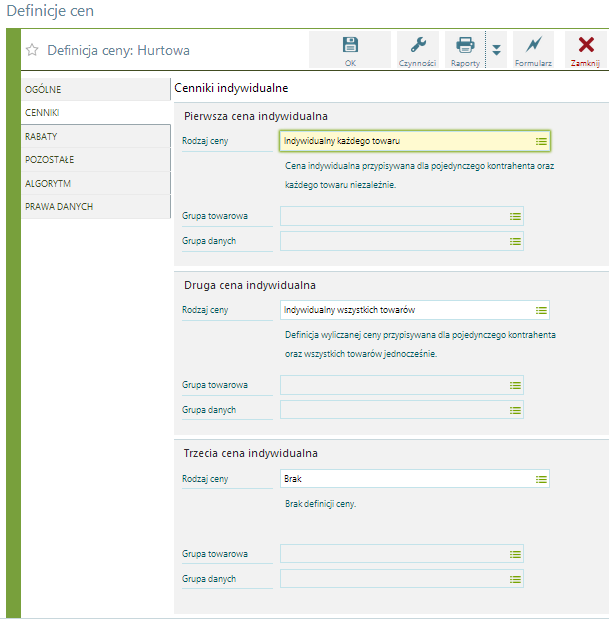 Zakładka "Cenniki" definicji ceny Sekcja: Cena indywidualna. Występują w niej 3 parametry: Rodzaj ceny, Grupa towarowa i Grupa danych.