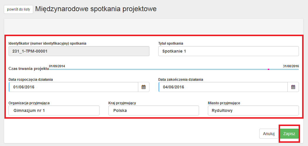 4. Wprowadź szczegółowe dane spotkania. Uzupełnij szczegółowe dane (puste pola) spotkania.