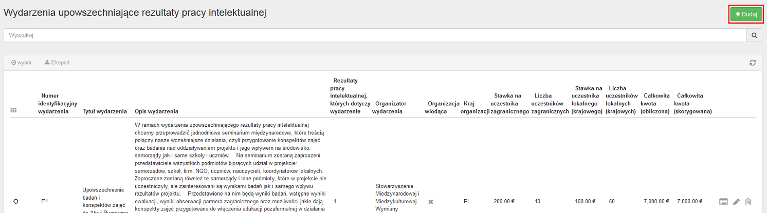 2. Kliknij Wydarzenia upowszechniające rezultaty pracy intelektualnej w menu. Na ekranie zostanie wyświetlona lista wydarzeń upowszechniających rezultaty pracy intelektualnej.