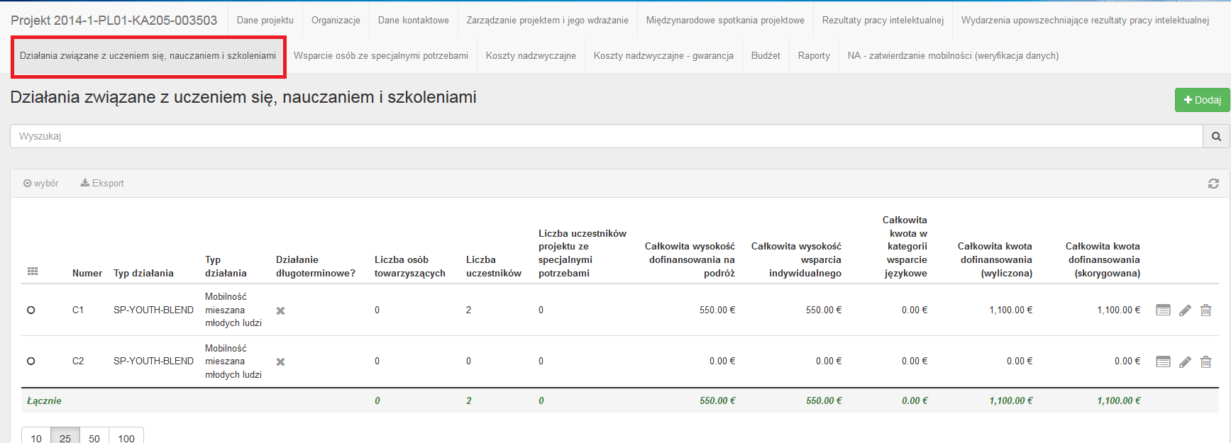 2. Otwórz pozycję menu Działania związane z uczeniem się, nauczaniem i szkoleniami. Wyświetli się lista działań związanych z uczeniem się, nauczaniem i szkoleniami (LTT).