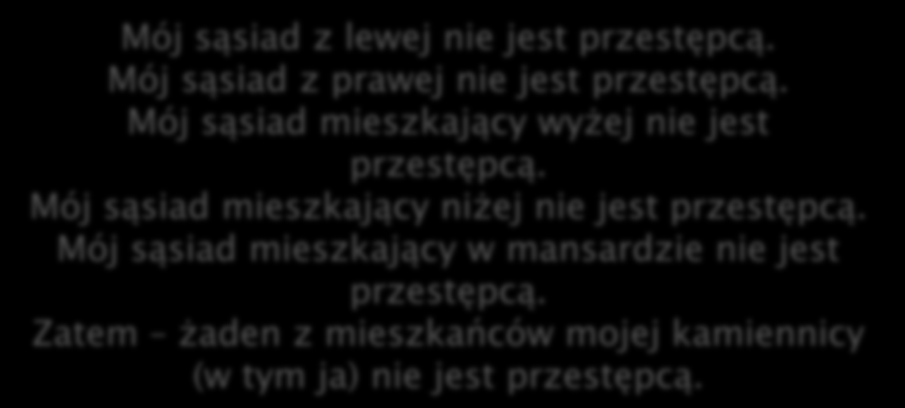 Mój sąsiad z lewej nie jest przestępcą. Mój sąsiad z prawej nie jest przestępcą. Mój sąsiad mieszkający wyżej nie jest przestępcą.