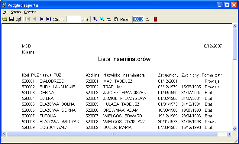 Poza podstawowymi informacjami, w dolnej części okienka wyświetlona jest historia zatrudnienia inseminatora. Okienko zawiera przyciski: Dodaj, Edytuj, Usuń oraz Zamknij.