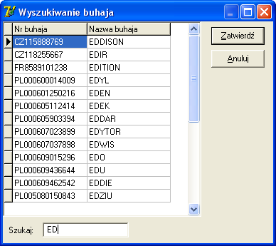 do wprowadzenia zaległych informacji o wybrakowaniu lub ich usunięcie klawiszem DEL. Funkcja Usuń umożliwia usunięcie błędnego numeru buhaja, pod warunkiem, że nie występuje w innych tablicach.