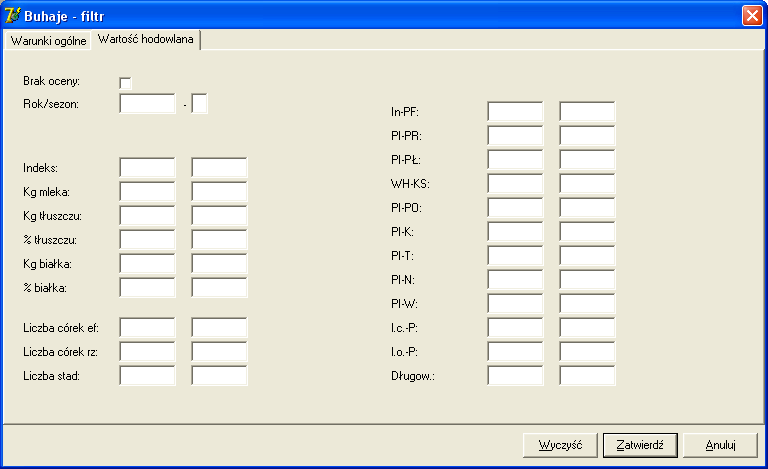 funkcji kliknąć przycisk Filtr. Na ekranie pojawi się okienko pokazane na poniższym rysunku. Okno zawiera dwie zakładki: Warunki ogólne (pokazana powyżej) oraz Wartość hodowlana.