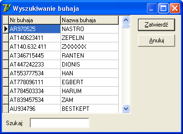 Informacje o rodzicach ojca oraz rodzicach matki wyglądają analogicznie. Istnieje możliwość wyszukiwania buhaja po numerze lub po nazwie.