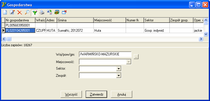 Warunek dot. Formy płatności jest udostępniony dla WCHIRZ Użytkownik może na liście woj/pow/gmina wybrać gminę, która zostanie wyświetlona na ekranie. Może też podać miejscowość, sektor, zespół.