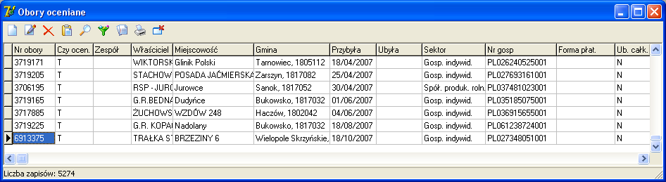 8. Obory oceniane Po wyborze funkcji zostanie wyświetlone okno, w którym będą podane informacje o oborach. W górnej części okna znajduje się panel z klawiszami funkcyjnymi dostępnymi w funkcji.