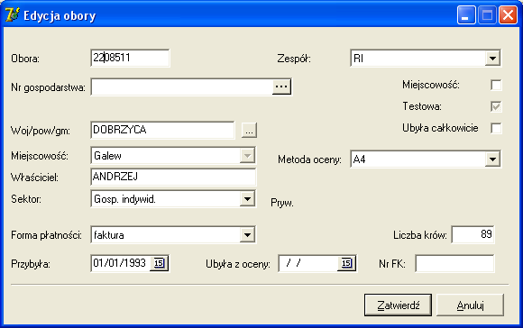 Wymaga się wprowadzenia numeru obory, numeru gospodarstwa lub miejscowości, sektora, metody oceny.