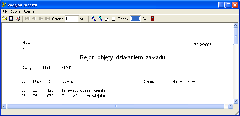 Główną część okna zajmuje lista dostępnych gmin. Zawartość tej listy można wstępnie ograniczyć wybierając w dolnej części województwo, powiat lub gminę i klikając przycisk Wybierz.