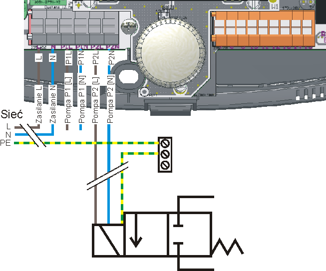 16.2.2. Podłączenie obwodów sieciowych Regulator przystosowany jest do zasilania napięciem 230V~, 50Hz. Zasilanie podłącza się do zacisków L, N. Schemat połączeń elektrycznych przedstawiono na Rys.