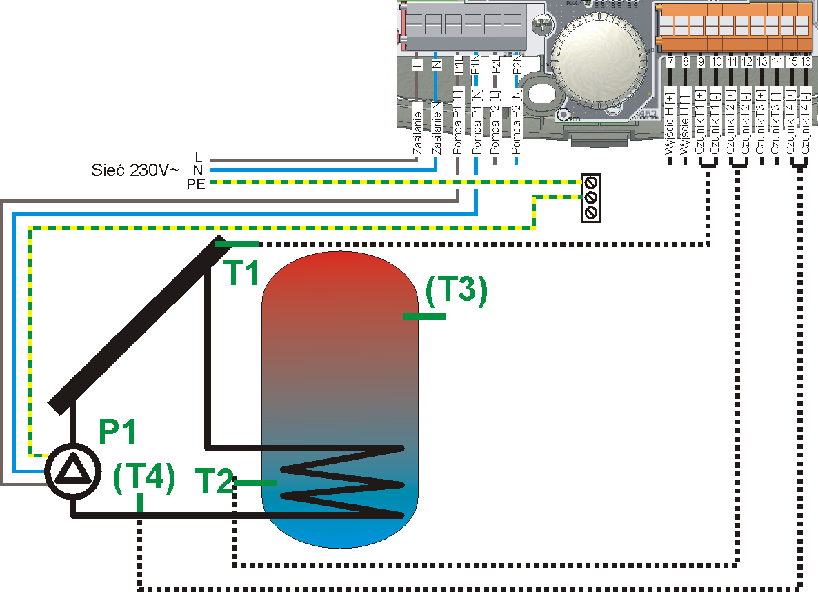 17. SCHEMATY APLIKACYJNE 17.1. Schemat solarny A (Basic) Ładowanie zasobnika CWU kolektorem. Rys. 17.1 Schemat aplikacyjny A Wskazówki dotyczące instalacji. 1. Aby regulator obliczał uzysk ciepła należy zainstalować dodatkowy czujnik typu CT6 na wyjściu dolnej wężownicy z zasobnika CWU i podłączyć do wejścia T4.