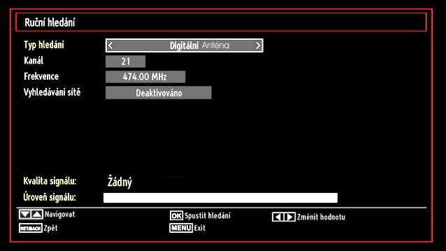 Ovládání režimu Automatické skenování kanálů Digitální anténa: Hledá a ukládá DVB-T stanice. Analog: Hledá a ukládá analogové stanice. Plné: Hledá a ukládá digitální i analogové stanice.