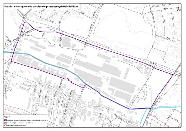 Podobszar występowania problemów przestrzennych Dąb-Baildona Charakterystyka obszaru: Podobszar cechuje się słabnącą dominacją funkcji przemysłowej. Do 2001 roku na terenie działała huta żelaza.