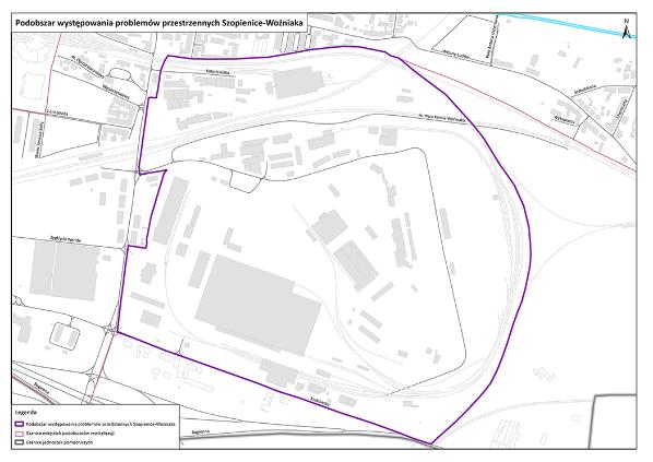 Podobszar występowania problemów przestrzennych Szopienice-Woźniaka Charakterystyka obszaru: Od 1834 roku na terenie obszaru działała huta cynku Wilhelmina, aktualnie na jej miejscu znajduje się