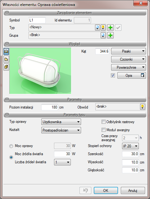 4.4.3 Oprawa oświetleniowa Po kliknięciu ikony mamy możliwość dodania elementu do projektu.