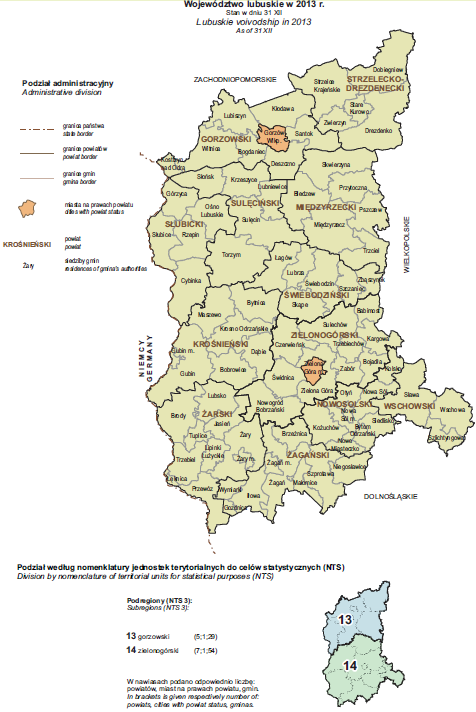 Rysunek IV.1. Podział administracyjny województwa lubuskiego, stan na koniec 2013 r. Źródło: GUS w Zielonej Górze; Województwo Lubuskie, podregiony, powiaty, gminy 2014; Zielona Góra, 2014r.