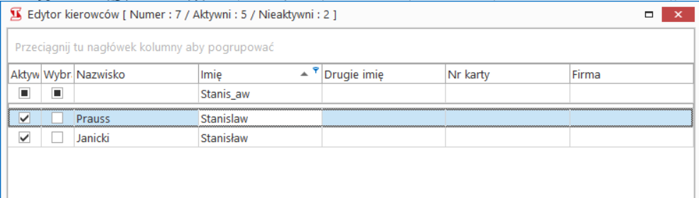 5. Wyświetlone zostaje okno edytora z listą kierowców,