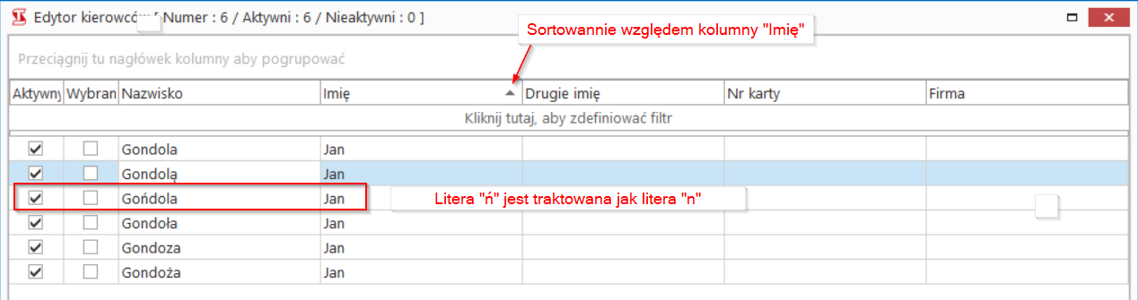 Sortowanie Sortowanie wpływa jedynie na kolejność wyświetlania danych. Dane można sortować zarówno w kolejności rosnącej jak i w kolejności malejącej.