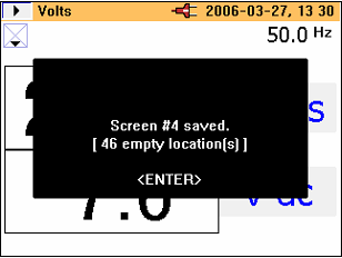 Power Quality Clamp Meter Pomiary eln18.bmp 2. Naciśnij klawisz E, aby zaakceptować wyświetlony ekran. Ekrany są zapisywane sekwencyjnie w dostępnych miejscach pamięci.
