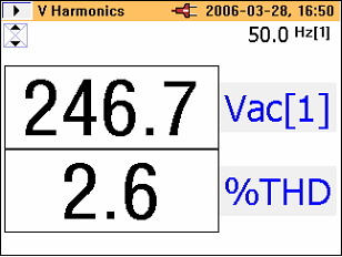 Power Quality Clamp Meter Omówienie funkcji pomiarowych Drugi ekran prezentuje napięcie prądu przemiennego dla podstawy 1 (V ac [1]) oraz wartość %THD, tak jak to widać poniżej. eln33.