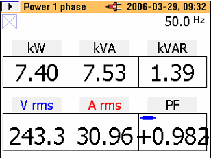 Power Quality Clamp Meter Omówienie funkcji pomiarowych W trybie mocy pomiary wyświetlane są na jednym ekranie, tak jak to widać poniżej. eln39.