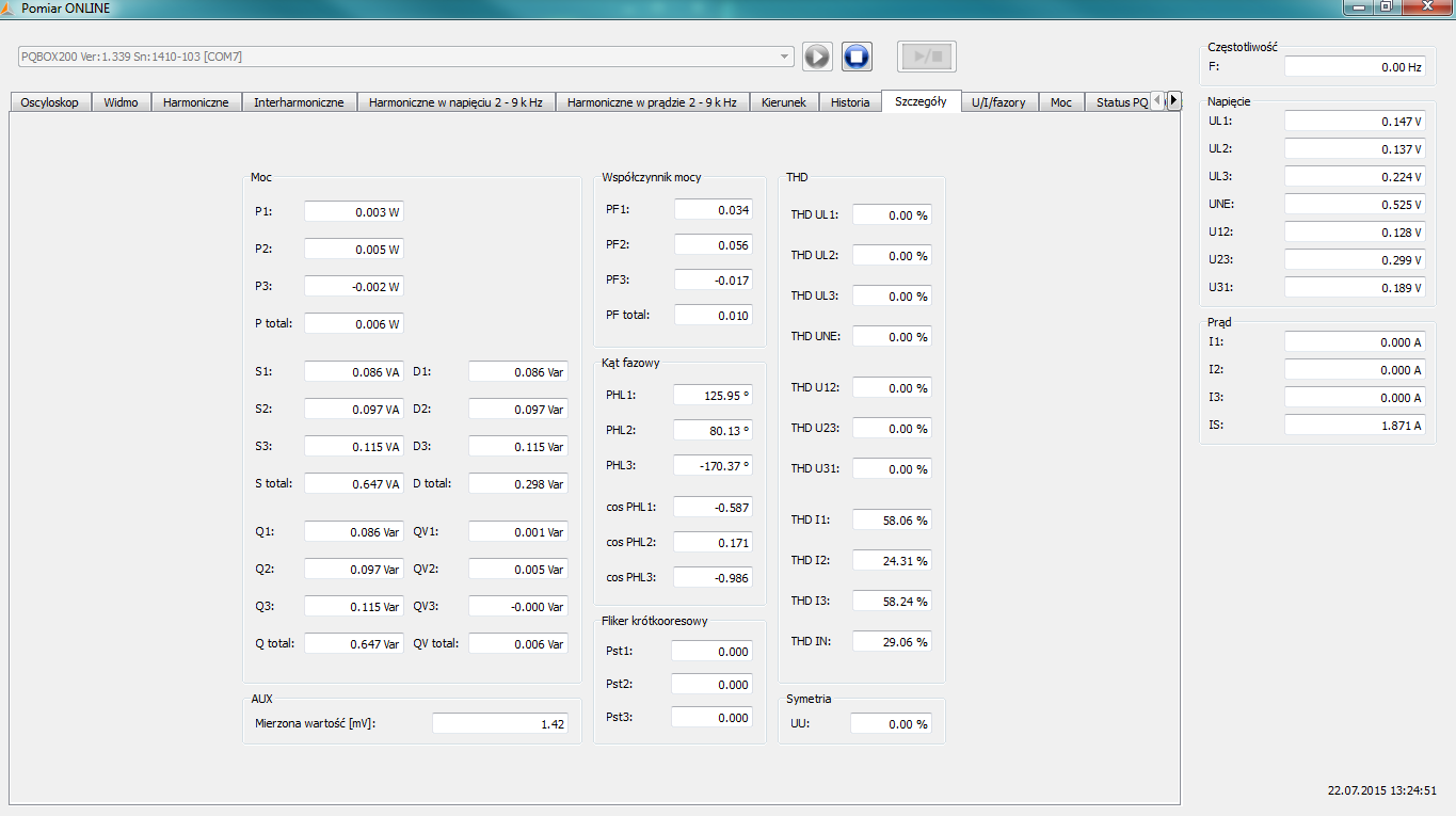 17.8 Dane pomiarowe podgląd wartości rzeczywistych W zakładce Szczegóły dostępne są dane pomiarowe on-line mocy czynnej, mocy biernej, mocy pozornej z podziałem na fazy.
