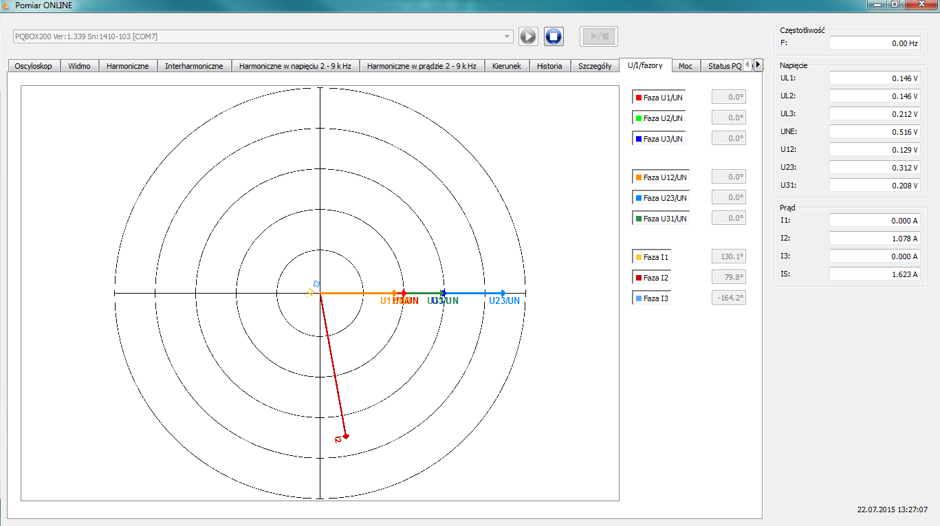 17.9 Dane pomiarowe podgląd on-line wykresu wskazowego Rysunek poniżej przedstawia 3-fazowy wykres wskazowy prądów