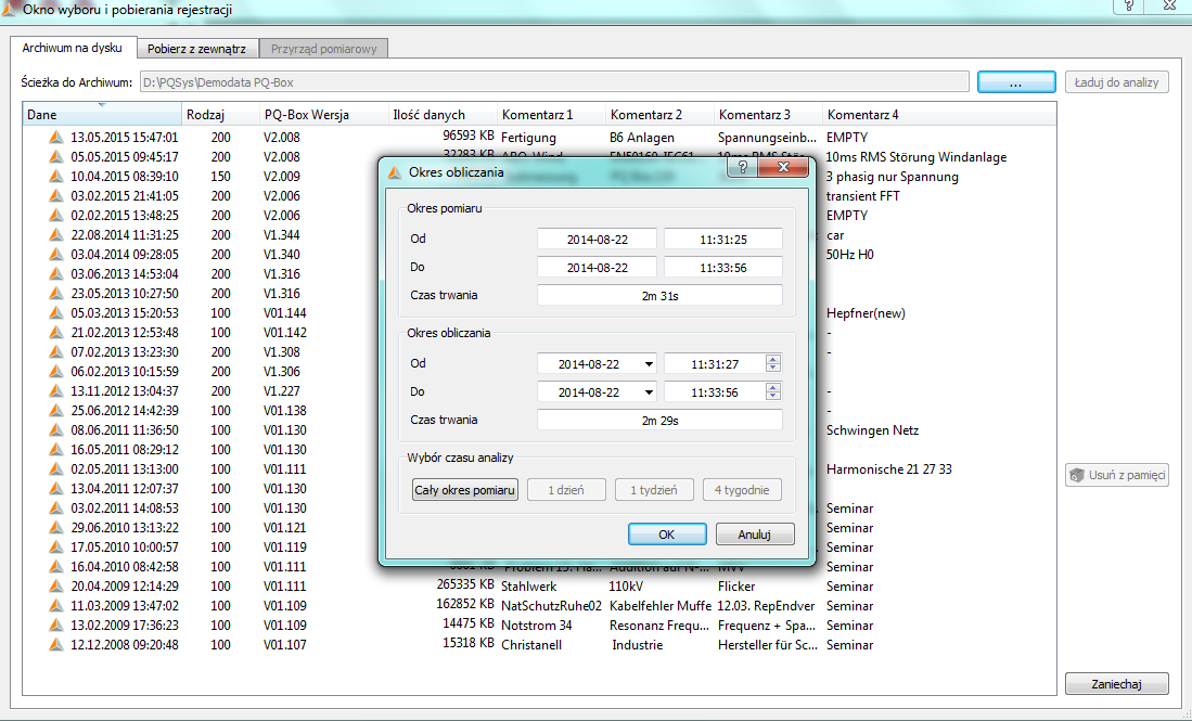 Po wyświetleniu zawartości katalogu i wyborze danych pojawia się okienko umożliwiające zmianę okresu wczytywanych danych.