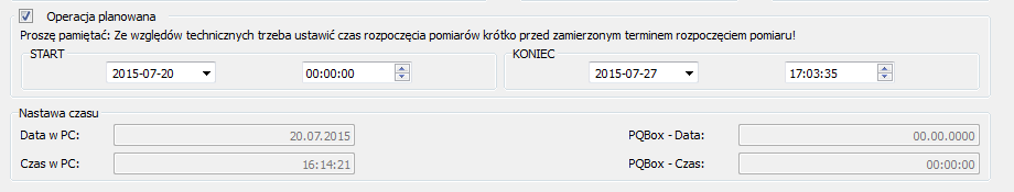 Uruchamianie pomiaru według harmonogramu Istnieje możliwość uruchomienia rejestracji niejako zdalnie wykorzystując do tego celu wiersz harmonogramu. Przykład: Rejestracja zostanie uruchomiona (20.07.