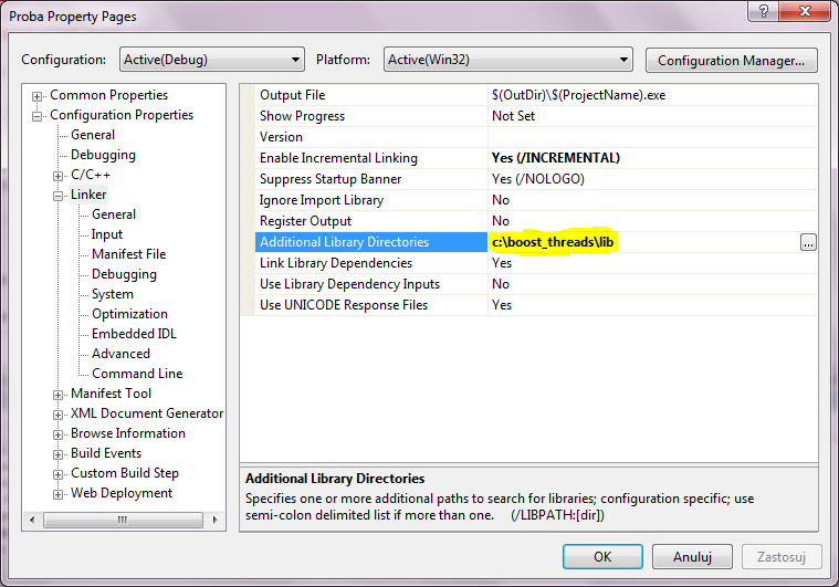 następnie należy wpisać w Configuration Properties > Linker > Additional Library Directories ścieżkę do katalogu z plikami.lib biblioteki np. c:\boost_threads\lib (rys. 3) Rys.