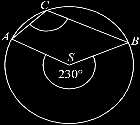 Najtrudniejsze, najłatwiejsze zz Zadanie 19. (1 pkt) Punkty A, B i C leżą na okręgu o środku S (zobacz rysunek). Miara zaznaczonego kąta wpisanego ACB jest równa Łatwość 0,39 A. 65 B. 100 C. 115 D.