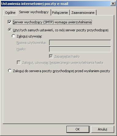 1.6. Wybieramy zakładkę: Serwer wychodzący i zaznaczamy pole z opisem: Serwer wychodzący (SMTP) wymaga uwierzytelnienia 1.7.