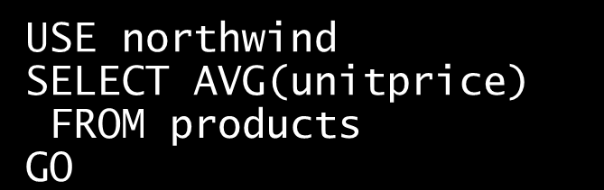 Przykłady Policz średnią cenę jednostkową dla wszystkich produktów w tabeli products: SELECT AVG(unitprice) FROM