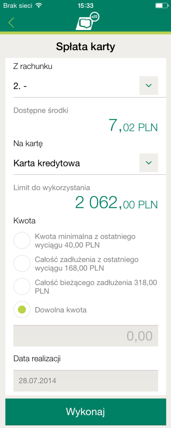 Aby ustawić automatyczną spłatę karty, przejdź do szczegółów rachunku i dotknij przycisku Zmień automatyczną spłatę.