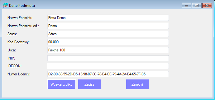 Wyjście Rozpoczęcie pracy Wczytanie licencji Rysunek 1 Wczytanie licencji Po instalacji program działa w trybie demo. W wersji demo możliwe jest wpisanie do bazy danych tylko 5 rekordów.