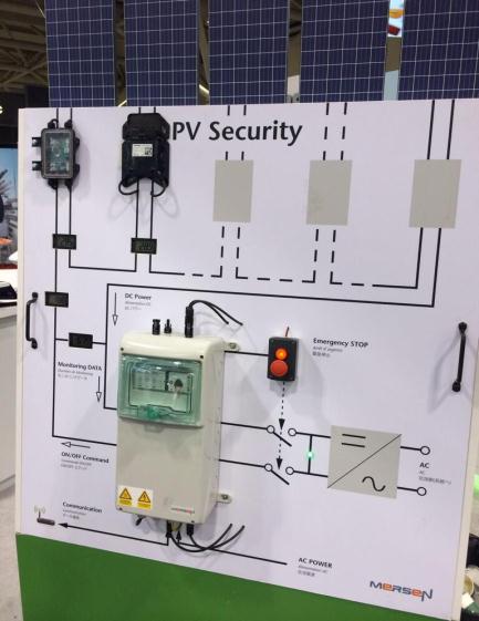 Rysunek 12: Schemat generatora PV z wyłącznikiem pożarowym Interesującym rozwiązaniem jest przeciwpożarowy system wyłączania instalacji PV firmy Mersen, którego makietę przedstawia rysunek 13.