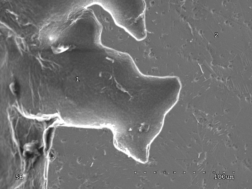 SEM picture of corrosion pit in Ti surface and SEM-EDX element composition of this surface after corrosion in 0.1 M KBr solution.