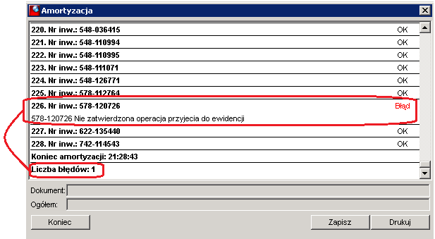 Status błąd oznacza, że środek został pominięty i nie będzie go w dokumencie z naliczenia. Za każdym razem, kiedy w rapocie z naliczenia pojawi się błąd, będzie on dokładnie opisany.