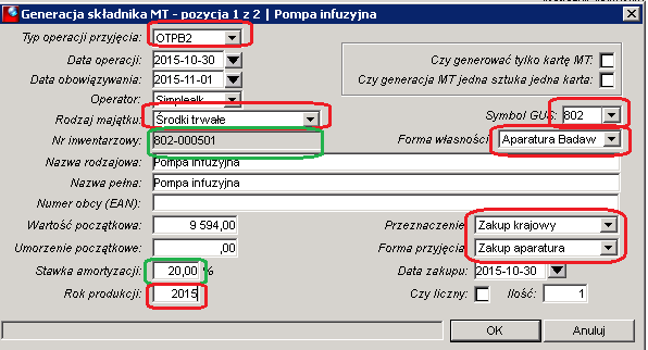 Rysunek 58 q. Data zakupu automatycznie pobierana data z dokumentu zakupu. Będzie aktualizowana po wygenerowaniu OT2 lub OTPB2.