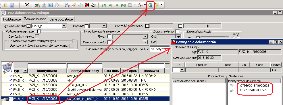 Rysunek 60 z poziomu listy dokumentów zakupu lącznie dla wszystkich pozycji, dla których nastąpiło generowanie OT Rysunek 61 Dwukrotne kliknięcie lewym klawiszem myszy na wybranym dokumencie OT