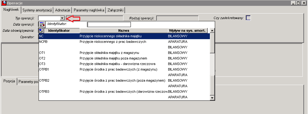 a. Rozpoczęcie wprowadzania danych do dokumentu OT nastąpi po wybraniu odpowiedniego symbolu dokumentu z rozwijanego katalogu dostępnych typów operacji.
