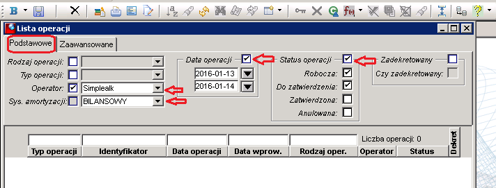 Rysunek 85 Parametry filtrowania ustawione domyślnie występują wyłącznie na zakładce Podstawowe : 1. Operator wyświetlony operator, który jest aktualnie zalogowany 2.