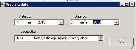 Rysunek 93 Po potwierdzeniu OK wyboru tego wydruku pojawi się okno, w którym operator musi wskazać zakres dat dla wszystkich dokumentów NC, oraz z dostępnej listy wybrać jednostkę (komórkę).