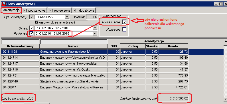 Lista planów amortyzacji zawiera szeroki wachlarz filtrów, których użycie pozwoli na wywołanie listy pozycji majątkowych na ekranie wraz z jednomiesięczną kwotą amortyzacji oraz z podsumowaniem