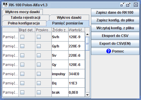 44/51 IOR120001 9.5.3.Zakładka Tabela pamięci pomiarów Zakładka zawiera tabelę w której można obejrzeć i wyedytować zawartość pamięci pomiarów.